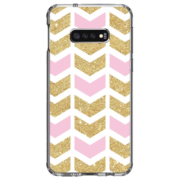 DistinctInk Clear Shockproof Hybrid Case for Samsung Galaxy S10e (5.8" Screen) - TPU Bumper, Acrylic Back, Tempered Glass Screen Protector - Pink & Gold Print - Random Chevron Pattern