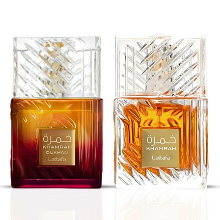 Khamrah & Khamrah Dukhan Eau De Parfum Sprays 100ML (3.4 OZ) by Lattafa | Two Icons, One Duo—Intense, Mysterious & Deeply Indulgent. (Bundle)