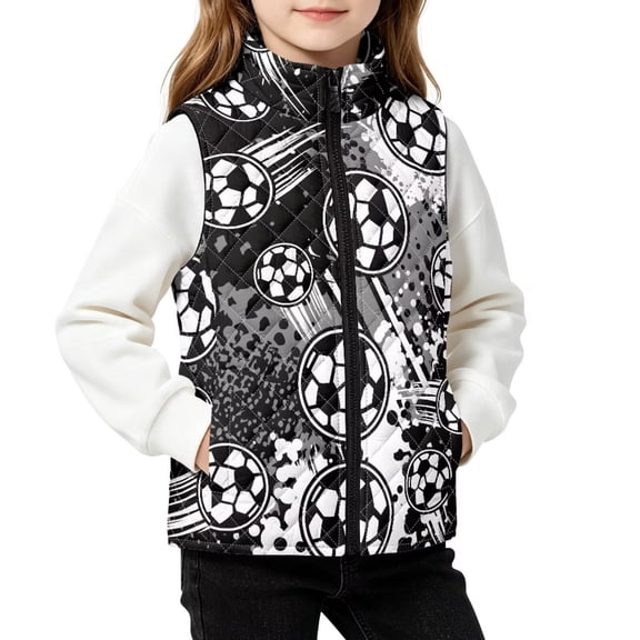 FKELYI Black Camo Soccer Print Kids Quilted Vest Comfy Jacket, 4Y, Stand Collar, Full Zip, Sleeveless Jacket, Water Resistant Warm Vest, Fall Winter Lightweight Coat for Children