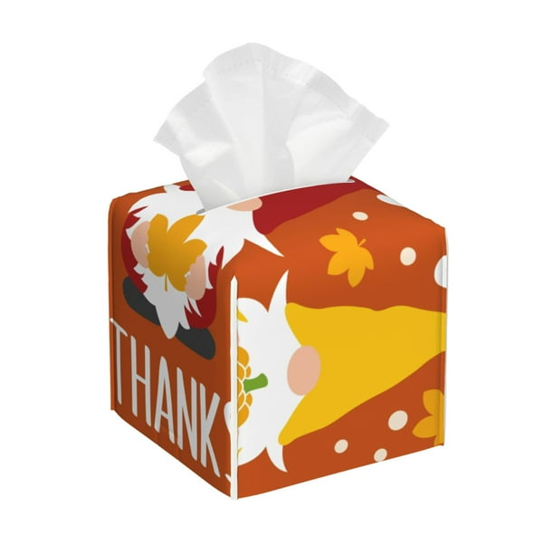 Balery Happy Thanksgiving Three Gnomes Porta Pañuelos de Cuero con Estampado – Funda Moderna Cuadrada para Caja de Pañuelos, Dispensador 5x5x5''