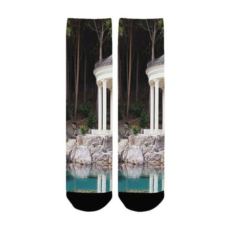

Landscape Gazebo By The Pond in a Beautiful Green Park Nature Garden View Green Blue and White Women s Custom Socks (Made In USA)