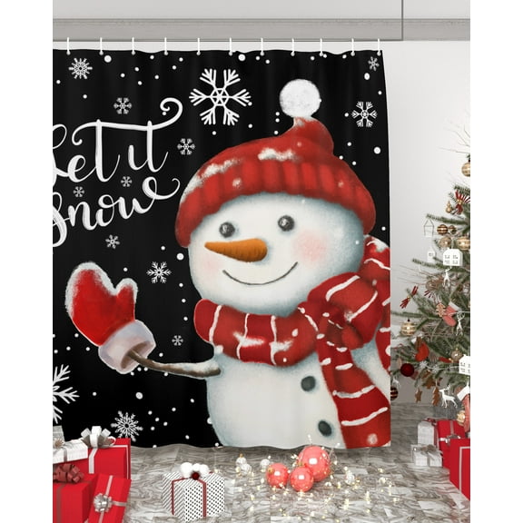 Christmas Snowman Bathroom Curtain 72 Inch Shower Curtain with Hooks, Xmas Winter Snowflake Classic Black Waterproof Polyester Bath Curtain Washable Bathtub Curtain 72''x 72''