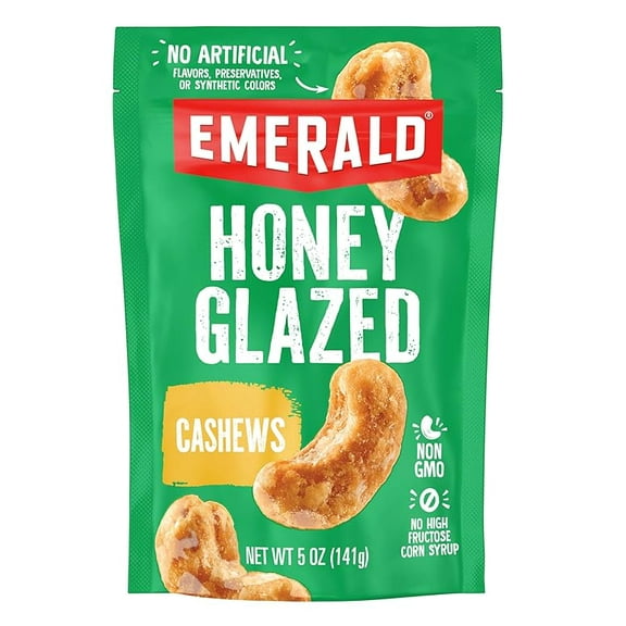 Emerald Nuts Honey Glazed Cashews (1-Pack), 5oz Resealable Bag, Kosher Dairy Certified, Non-GMO, Contains No Artificial Preservatives, Flavors or Synthetic Colors( Pack of 2 )