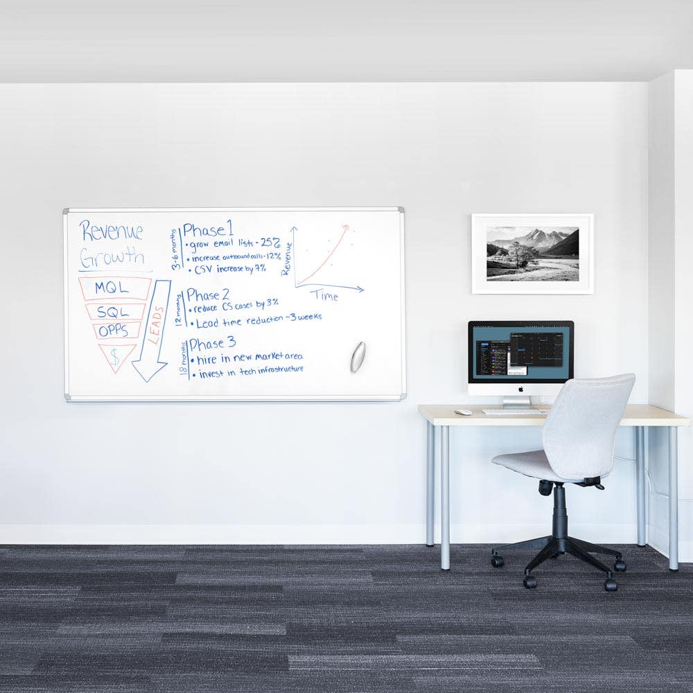 Luxor Dry Erase Magnetic Wall-Mount Porcelain White Board, 72x40, Aluminum Frame