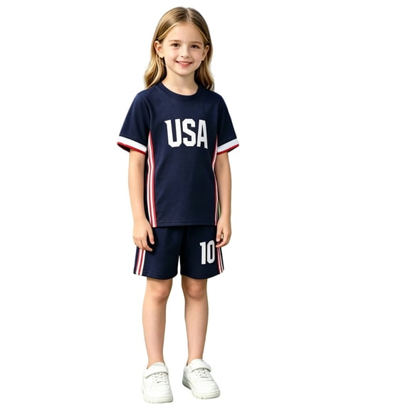 CUZIBR Toddler Girls Sports Outfit Sets Short Sleeve Tops With Shorts USA Letter Summer Football Activewear Kids Clothes Sets,Blue,5-6 Years