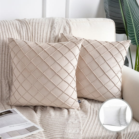 Phantoscope Velvet Series Pleated Checker Decorative Throw Pillow, 18" x 18", Beige, 2 Pack