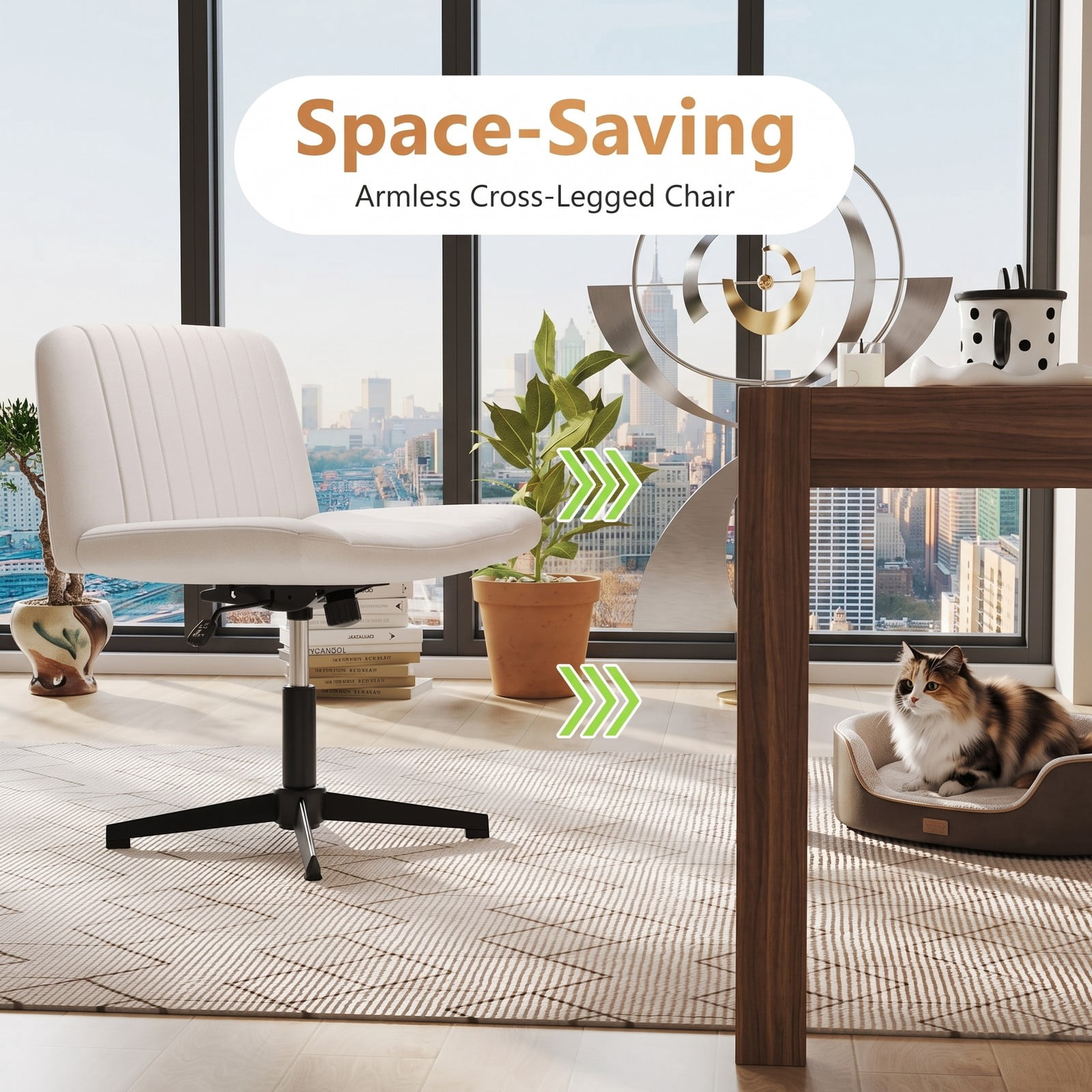 Furnibear Criss Cross Swivel Desk Chair No Wheels, Wide Armless Home Office Task Chair with Linen Upholstery, Height Adjustable Rocking Cross-Legged Accent, Beige
