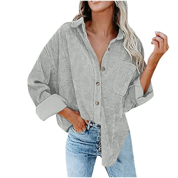 KIHOUT Women's Corduroy Buttoned Cardigan Long Sleeve Lapel Loose Padded Shirt Tops