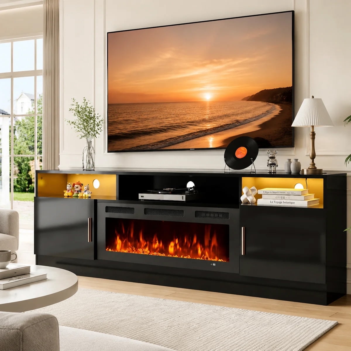 Easoger 70" Fireplace TV Stand, Gaming Media Console with 12 Color LED Backlights & 3 Outlets, Storage Shelves & Cabinets, Black