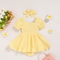 thumbnail image 2 of ZEHJUHAN Infant Girls Smocked Bubble Romper Dress Short Puff Sleeves with Matching Headband Yellow，6-12M, 2 of 7