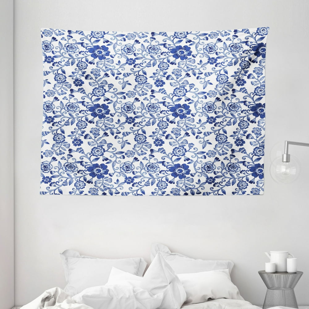 Watercolor Tapestry, Artistic Vibrant Blue Flowers Pattern Feminine ...