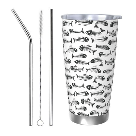

Zeuib Fish Bones Printed 20oz Stainless Steel Insulated Car Cup Stainless Steel Thermal Cup Vacuum Insulated Leak-proof Travel Mug Cup-Straw Three-piece Set