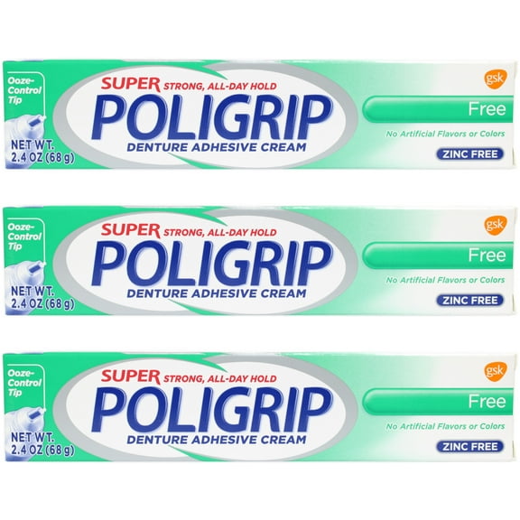 3 Pack - Super Poligrip Denture Adhesive Cream Free Triple Action, Zinc Free 2.4 Oz