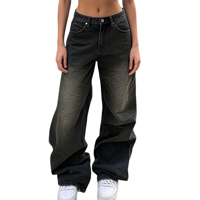 Vaqueros cargo de cintura media para mujer - Pantalones vaqueros elásticos de pierna ancha con bolsillos - Ligeros, transpirables, ideales para llevar con ropa informal o como prenda de playa