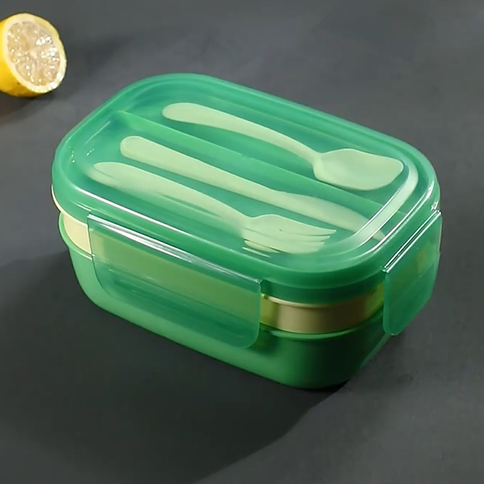 Lunch Container Good Sealing Compartment Large Capacity with Tableware 3 Layers Multiple Grid Lunch Food Box Daily Use, Adult Unisex, Green