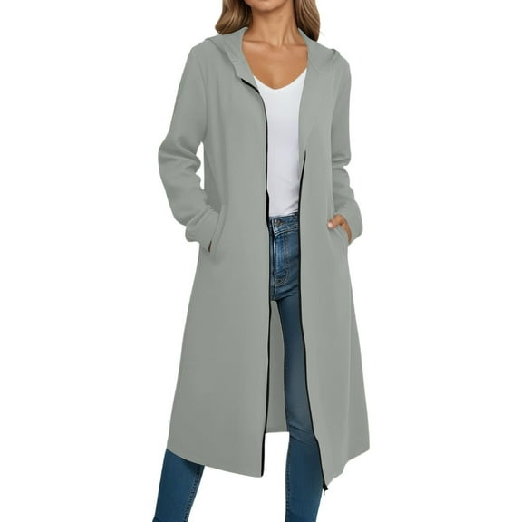 LEBONYARD Women's Trendy Zipper Turn Down Collar Hooded Solid Color Long Length Cardigan Long Sleeve Soft Loose Fit Coat Casual Pocket Outerwear Coat