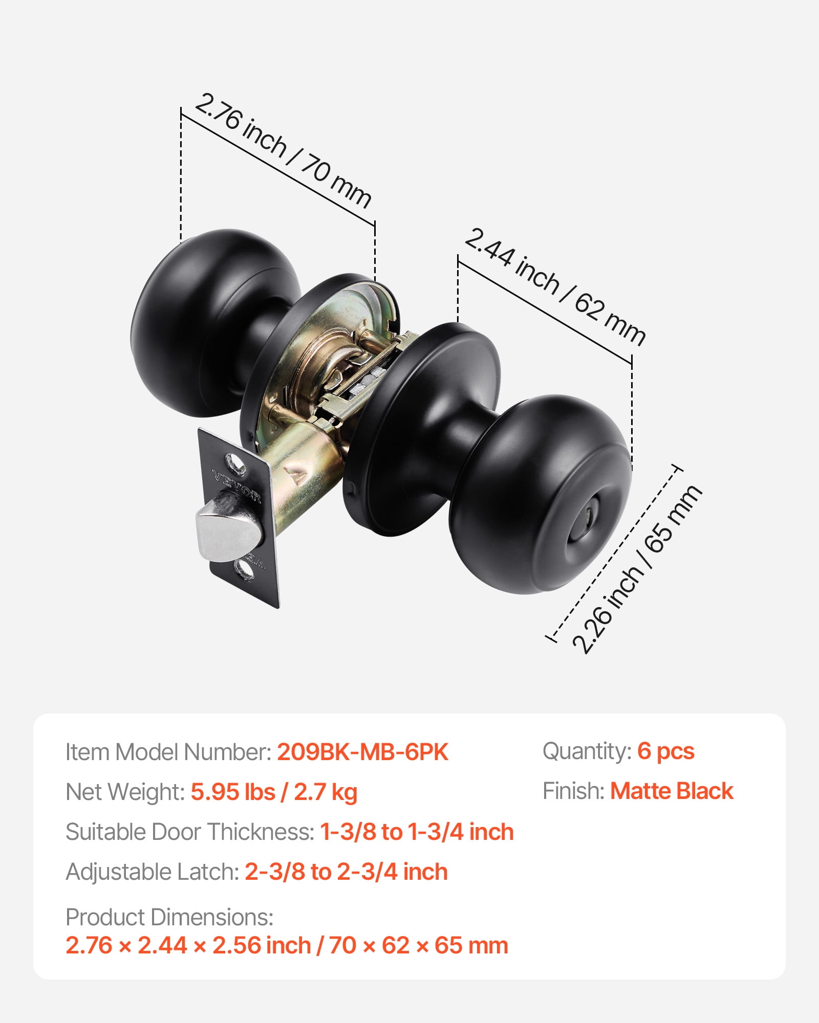 VEVOR 6 Pack Black Door Knobs, Privacy Door Knob with Round Ball, Keyless Exterior & Thumb Turn Lock Interior, All Metal Doorknobs Hardware, Matte Black Modern Design for Bedroom & Bathroom