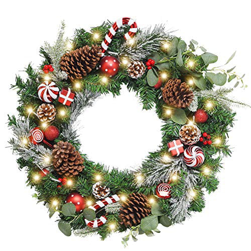 Candy Canes,Eucalyptus Leaves Battery Operated 30 LED Lights Wanna-CUL Pre-Lit 24 Inch Christmas Wreath for Front Door Red White Christmas Door Wreath Decoration with Ball Ornaments