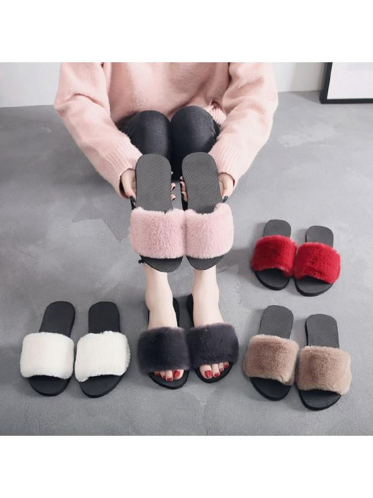 Ropalia Womens Winter Fur Solid Color Slippers Home Anti-Slip Warm Cotton Trailer Shoes Ladies Casual Shoes - image 3 of 3
