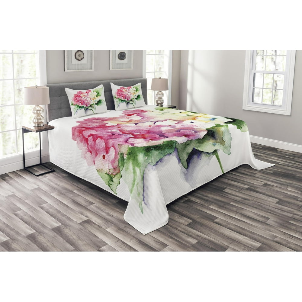 Floral Bedspread Set, Hydrangea Flower Bouquet in Watercolor Blossoms