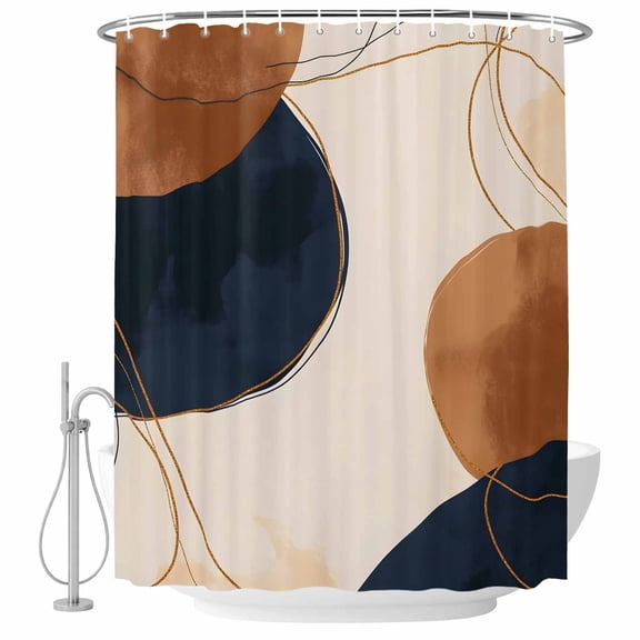 Brown Navy Blue Shower Curtain Set - 48" x 72" Washable Bathtub Curtain with 12 Hooks, Modern Abstract Art Geometric Waterproof Fabric Stall Shower Curtains for Bathroom/Bathtub Décor