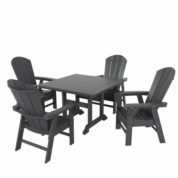 WestinTrends Malibu 5 Piece Adirondack Outdoor Dining Set, All Weather Poly Lumber Patio Table and Chairs Furniture Set, 43" Trestle Square Dining Table and 4 Adirondack Dining Chair, Gray