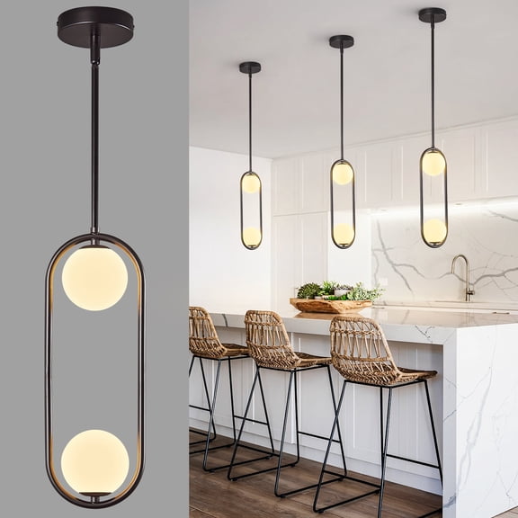 Deyidn 2-Lights Modern Globe Chandelier Mid Century Pendant Light Matte Black Ceiling Hanging Lighting Fixture with White Globe Glass Lampshade for Kitchen Island Dining Room Bedroom