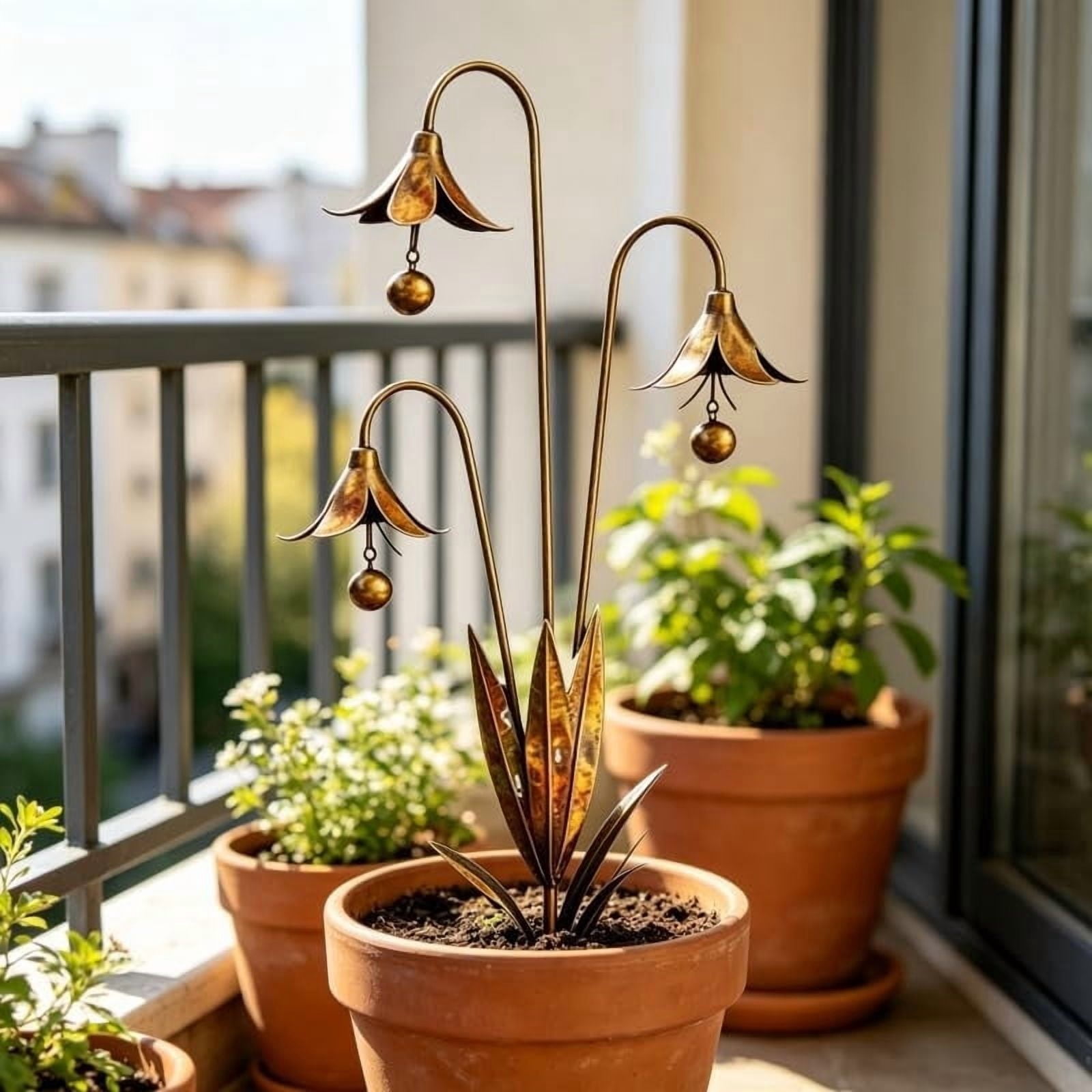 Three Bluebells Garden Stake with Bells, Flamed Copper Rain Catcher Flower Outdoor Yard Decoration, Metal Plant Sculpture Yard Art Decor, Rustic Wind Chime Ornament Gift
