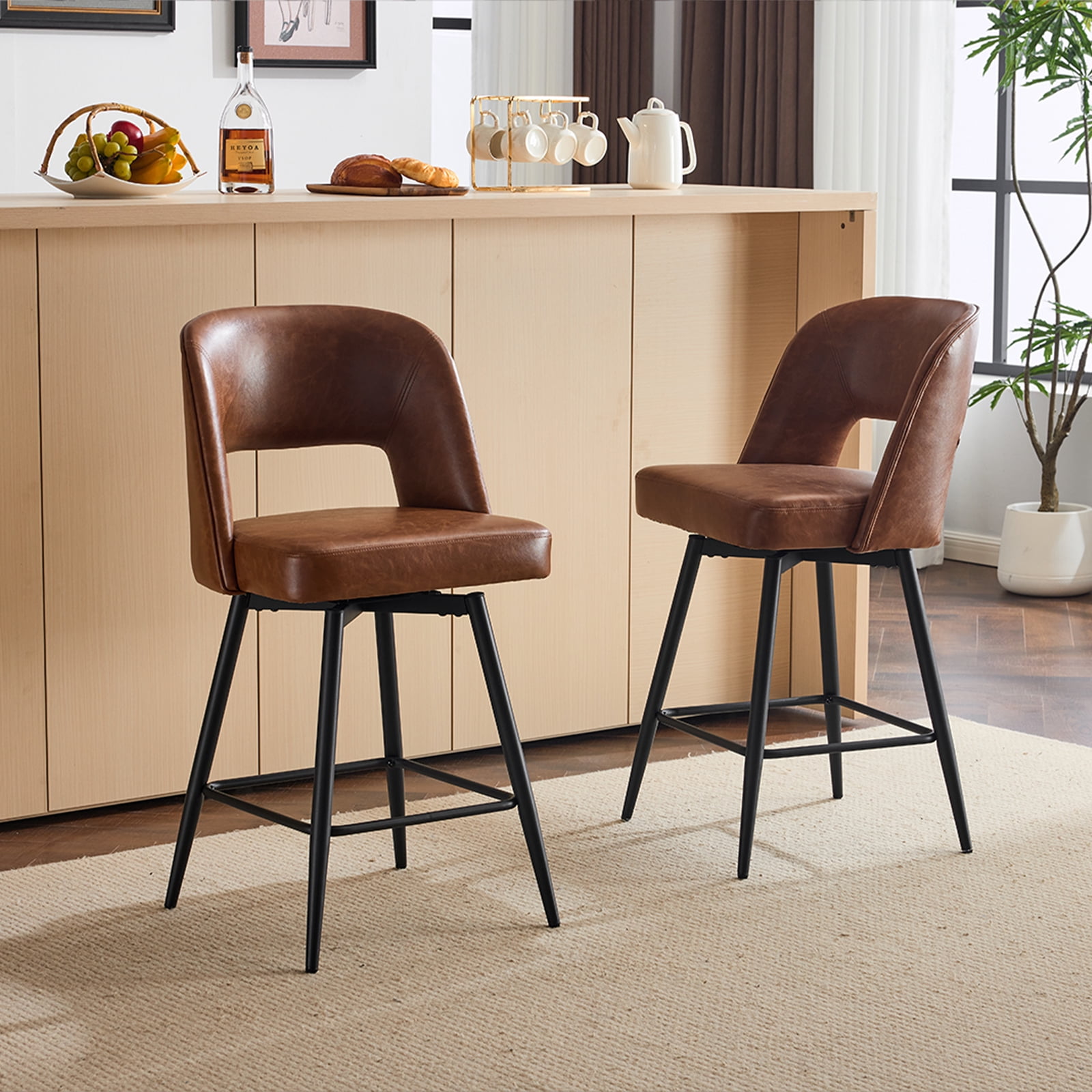 Ktaxon Swivel Barstools 2 Set, Counter Height Chairs 26in Padded Bar Height Upholstered Stools, Brown