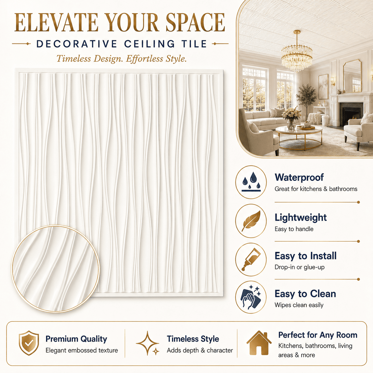 Yeslife 2 x 2 ft Drop Ceiling Tiles, 12 Pack, White PVC 3D Wall Panels, Covers 48 Sq Ft