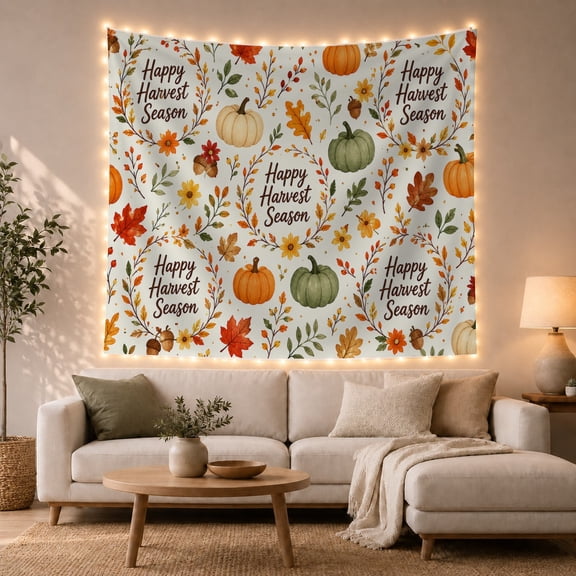 Pumpkin Wreaths on White Background, Cozy Farmhouse for Fall Decor Fans, Harvest Wall Art, Thanksgiving Hostess Gift, Tapestry Wall Hanging for Dining Room and Entryway