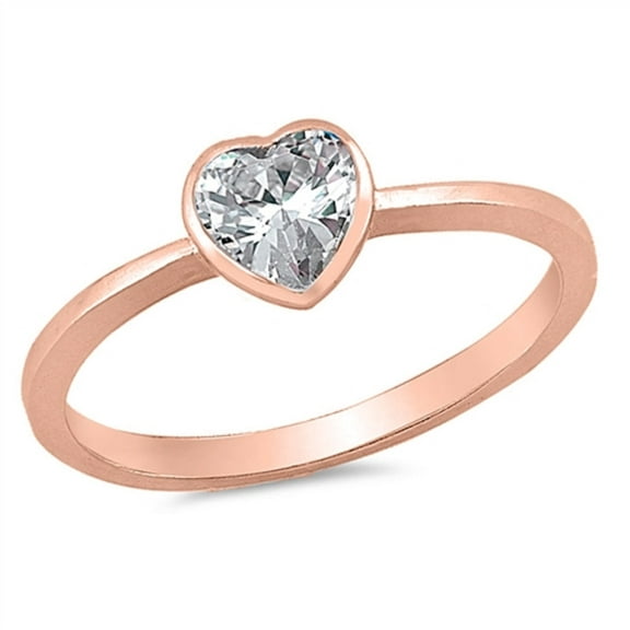 Hear-Shape Bezel Set Cubic Zirconia Center Plain Ring Rose Gold-Tone Plated Sterling Silver