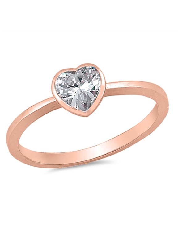 Hear-Shape Bezel Set Cubic Zirconia Center Plain Ring Rose Gold-Tone Plated Sterling Silver