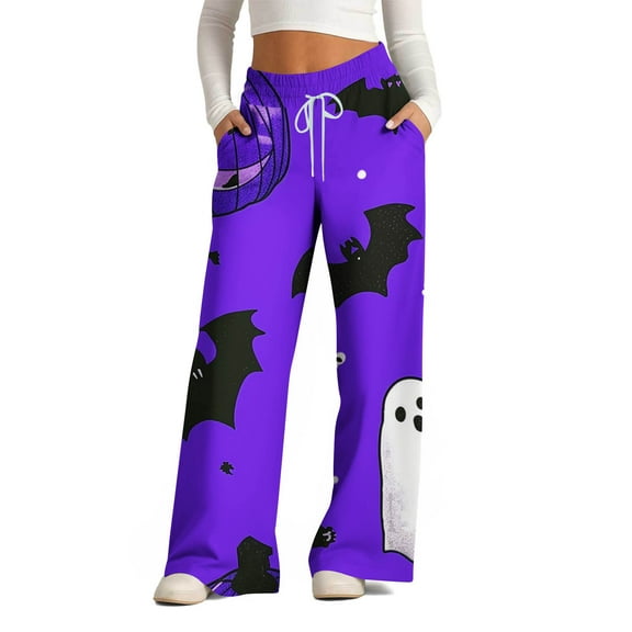 WXLWZYWL Halloween Pants for Women Plus Size Stretch Pants Casual Palazzo Sweatpants Bat Print Drawstring Wide Leg Pant Lounge Elastic Waist Sweatpant with Pockets