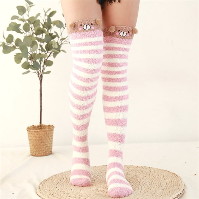Chaussettes de Sol Chaudes pour Femmes en Molleton Corail Épaissi à Rayures Dessin Animé 2 Pcs Bas Bas Bas de compression Rose