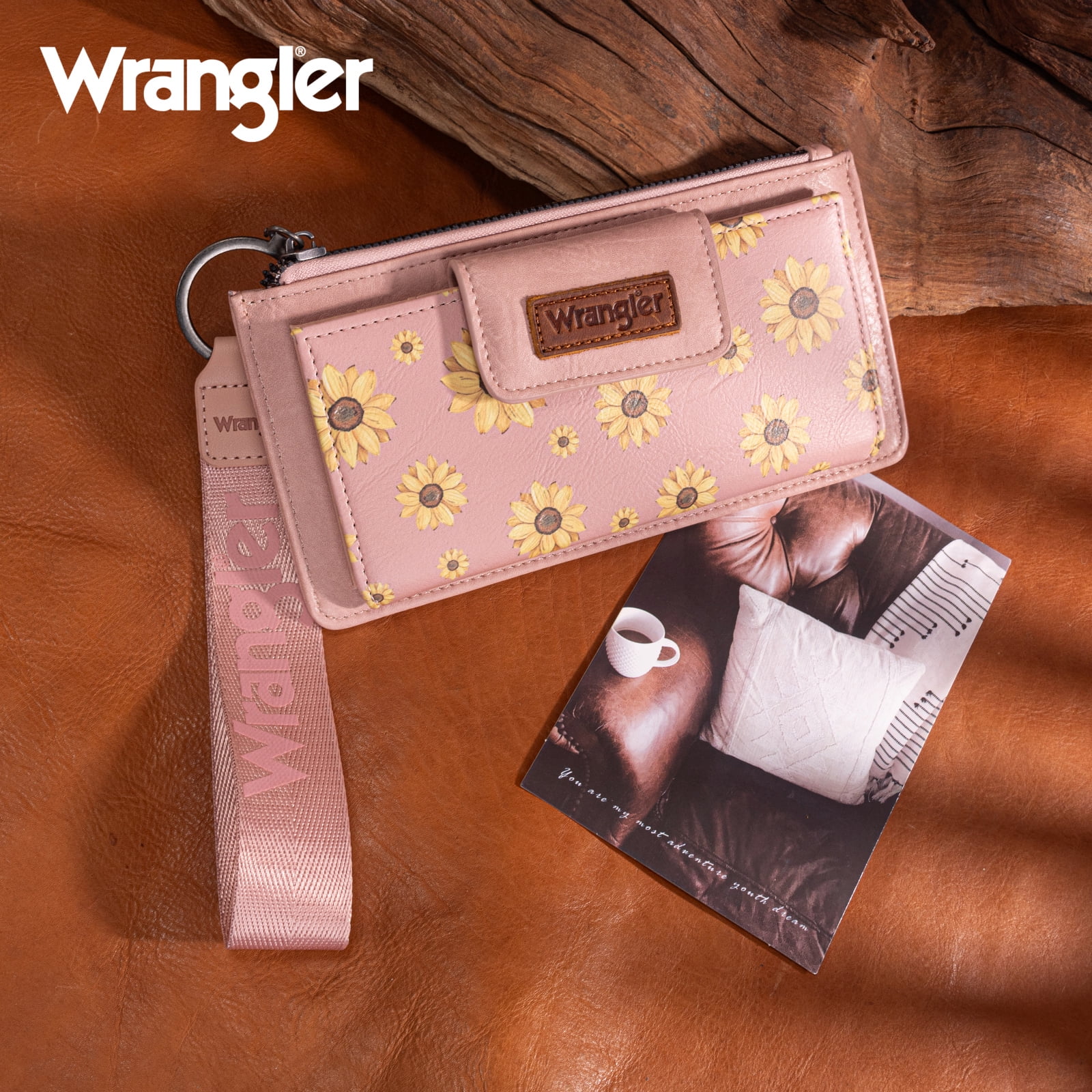 Wrangler Wallet for Women Floral Wristlet Wallets Ladies Female Large Clutch Wallets with Coin Purse and Rfid Lining, Dark Pink