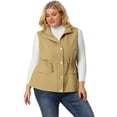 thumbnail image 3 of Women's Plus Size Utility Vest Stand Collar Cargo Pocket Drawstring Waist Sleeveless Jacket Khaki 2X, 3 of 7