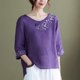 thumbnail image 5 of Camiseta de manga 3/4 con cuello en V bordado de cáñamo y algodón suelto estilo retro para mujer Fridja  hj681, 5 of 9