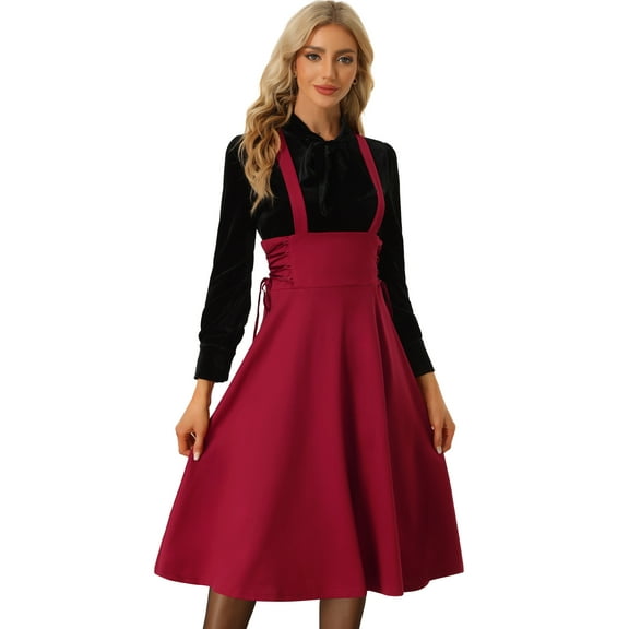 DARING DIVA High Waist Brace Skirts Lace Up Swing Midi Suspender Skirt XS Red