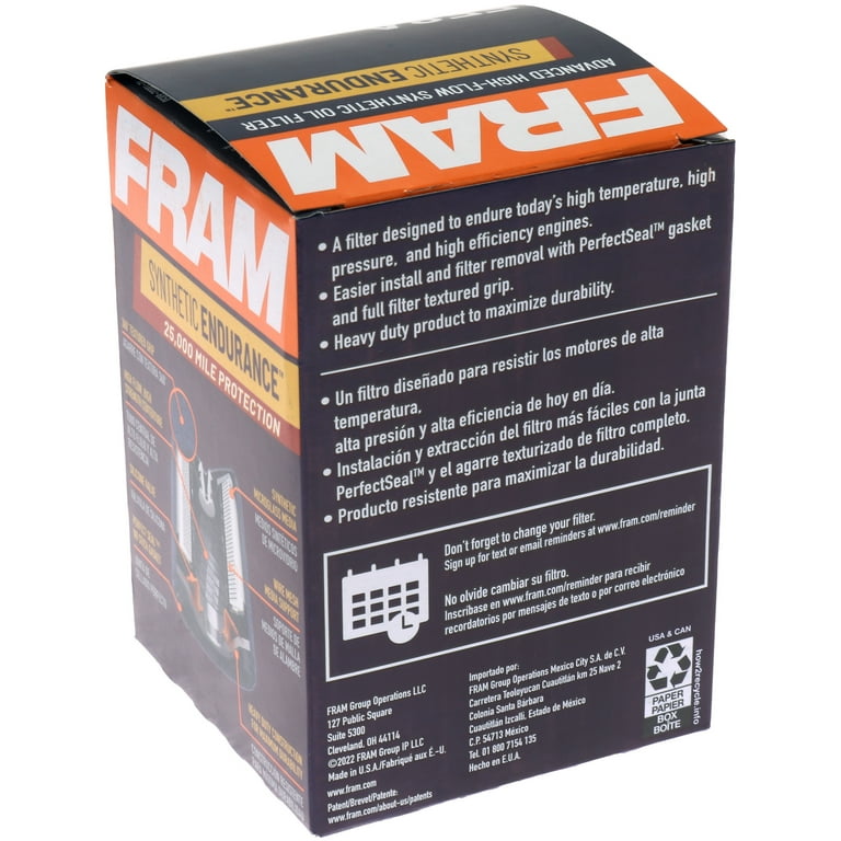 FRAM Synthetic Endurance Premium Oil Filter, FE8A, 25K Miles