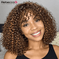 thumbnail image 3 of Short Curly Bob Human Hair Wigs With Bangs Full Machine Made Wigs Highlight Honey Blonde Colored Wigs For Women Cheap Remy Hair, 3 of 7