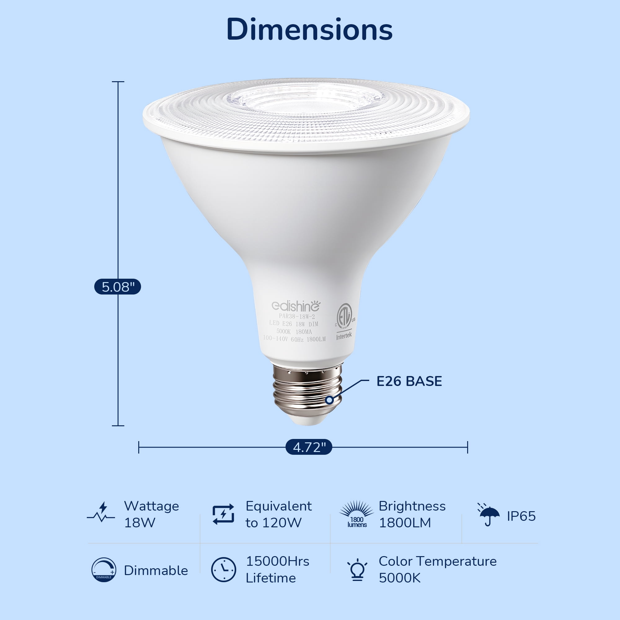 EDISHINE 4 Pack LED PAR38 Outdoor Flood Light Bulbs, 18W (120W Equivalent), 5000K Daylight, Dimmable Waterproof Flood Light Bulbs, E26 Base, 1800 Lumen for Yard Porch Driveway