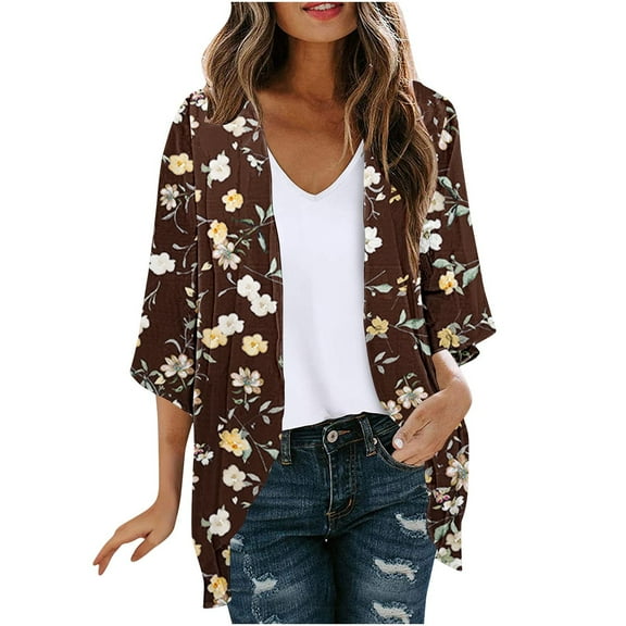 VEKDONE Womens Casual Lightweight Cardigans Plus Size Chiffon Shawl Open Front 3/4 Sleeve Kimono Cardigan Summer Boho Floral Print Swimwear Cover Ups