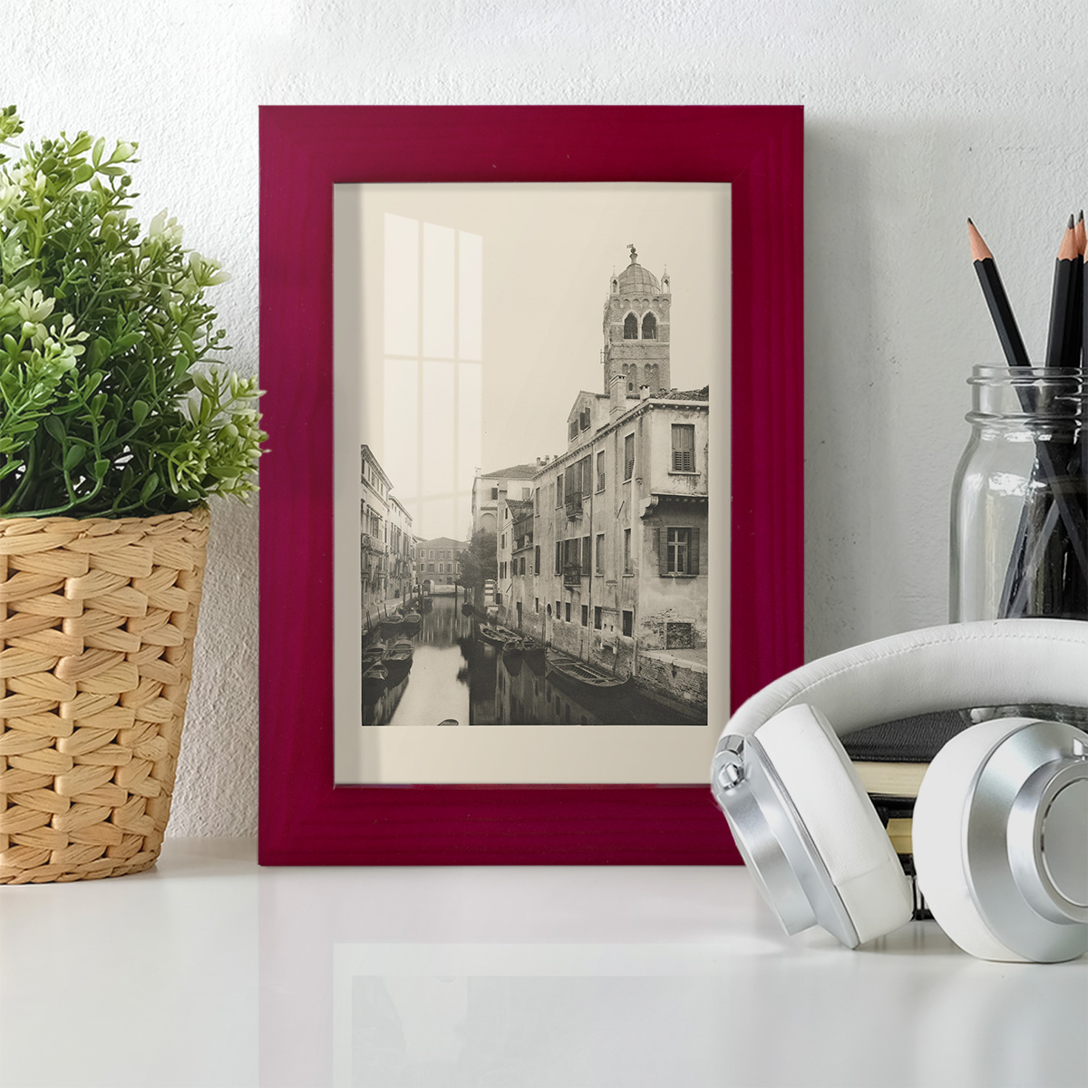 Vintage Views of Venice VII - Framed Print w/glass - Cherry Red