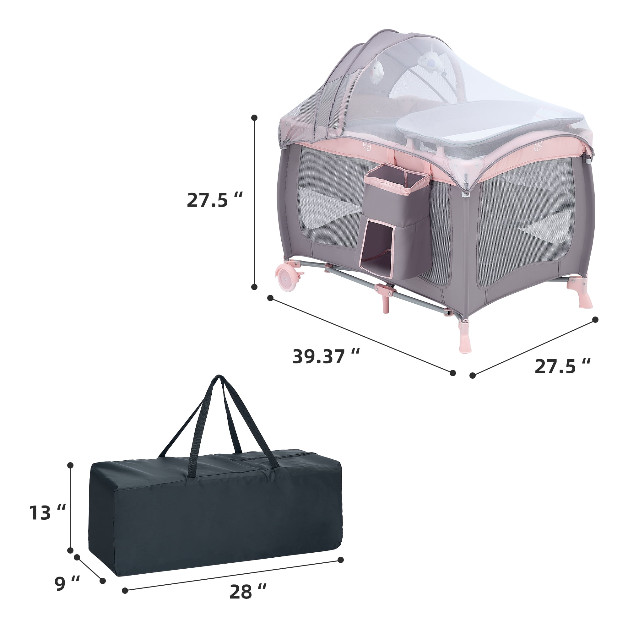 Pamo Babe Baby Playard, Foldable Changing Table, Wheels, Canopy for Newborn, Four-Panels