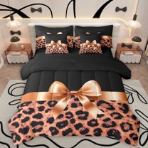 Homewish Leopard Print 7pcs Bedding Comforter Set For Teens Boys Girls,Kawaii Bow Queen Bedding Sets Super Cozy,Black Orange Queen Sheet Sets,Super Cozy Room Decor,Reversible