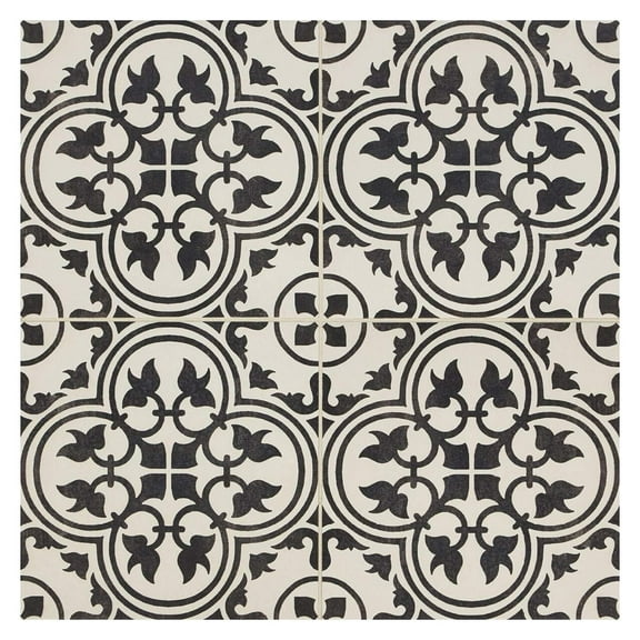 12x12 Flora Black White Encaustic Ceramic Tile (10 Piece 10SF Pack)