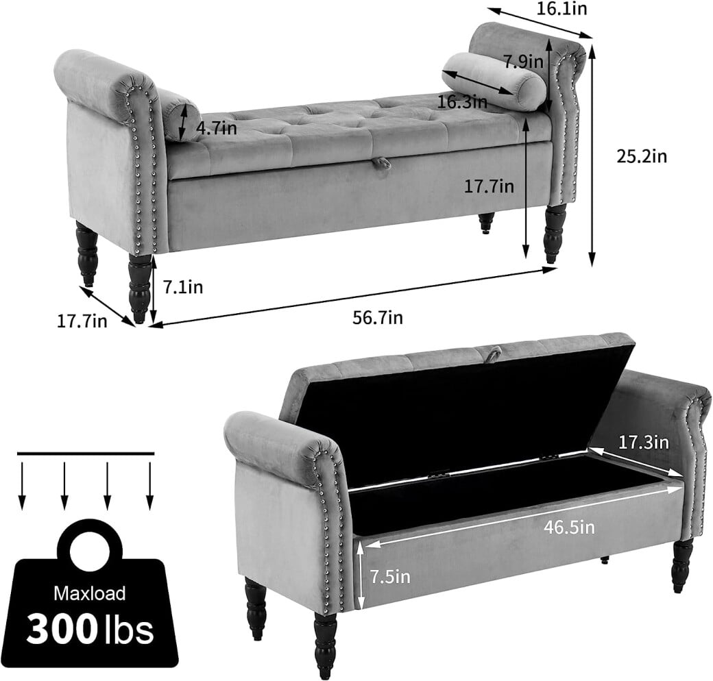 56"Storage Bench for Bedroom,End of Bed Bench with Rolled Arms,Velvet Button Tufted Storage