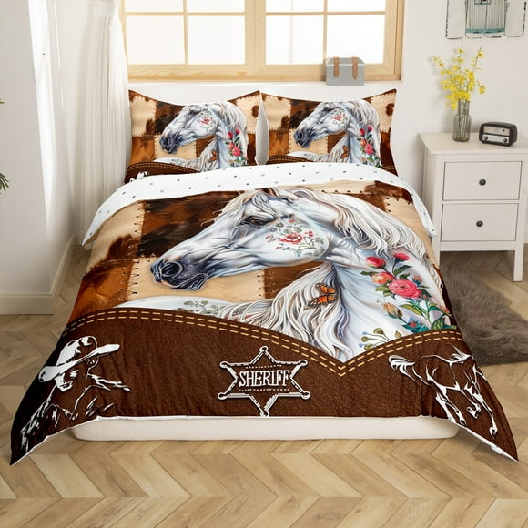 Erosebridal Western Cowboy Duvet Cover,Animal Horse Bedding Sets,Animal Print Comforter Cover,Ultra Soft Floral Bedroom Decorative,Reversible,2pcs(No Comforter)