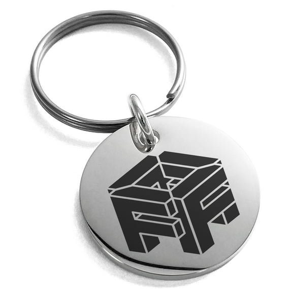 Stainless Steel Letter F Initial 3D Cube Box Monogram Engraved Small Medallion Circle Charm Keychain Keyring